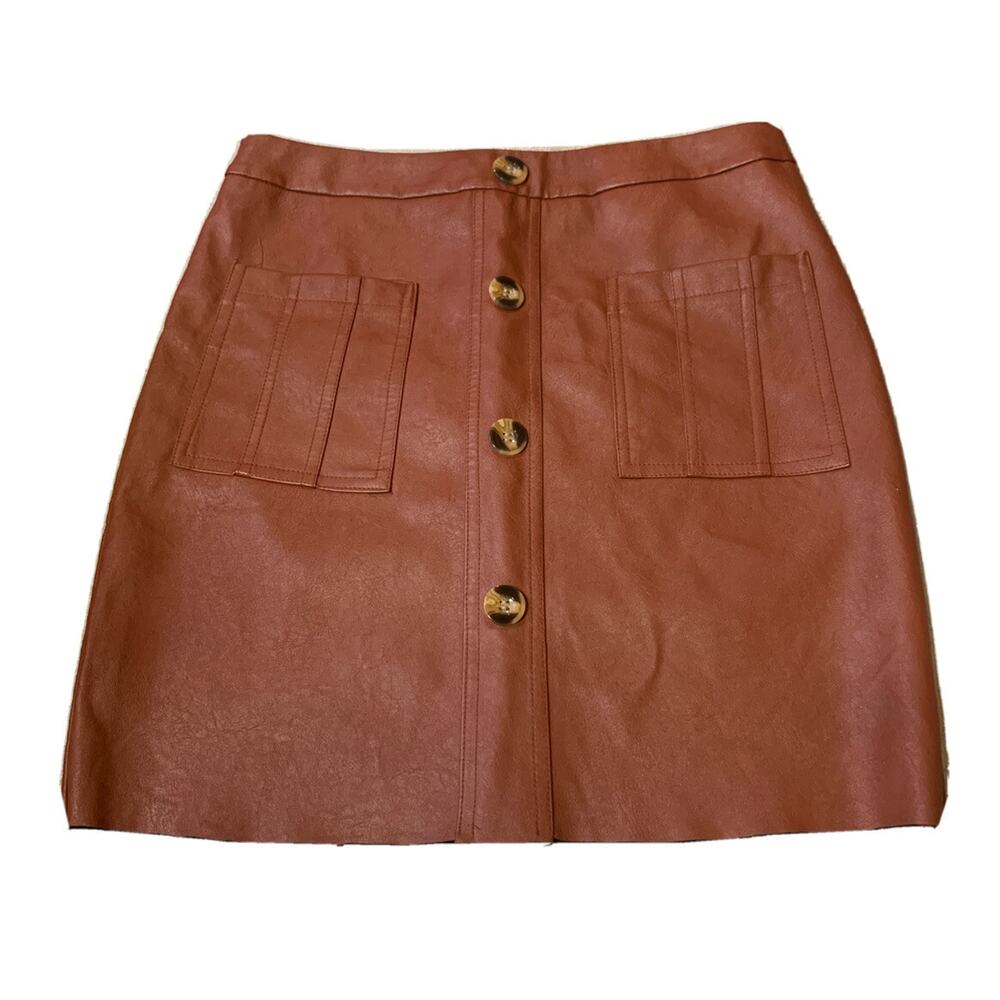 Womens Mini Skirt Size Small Brown Faux Leather Moto Zipper Pockets Raw Hem 70s